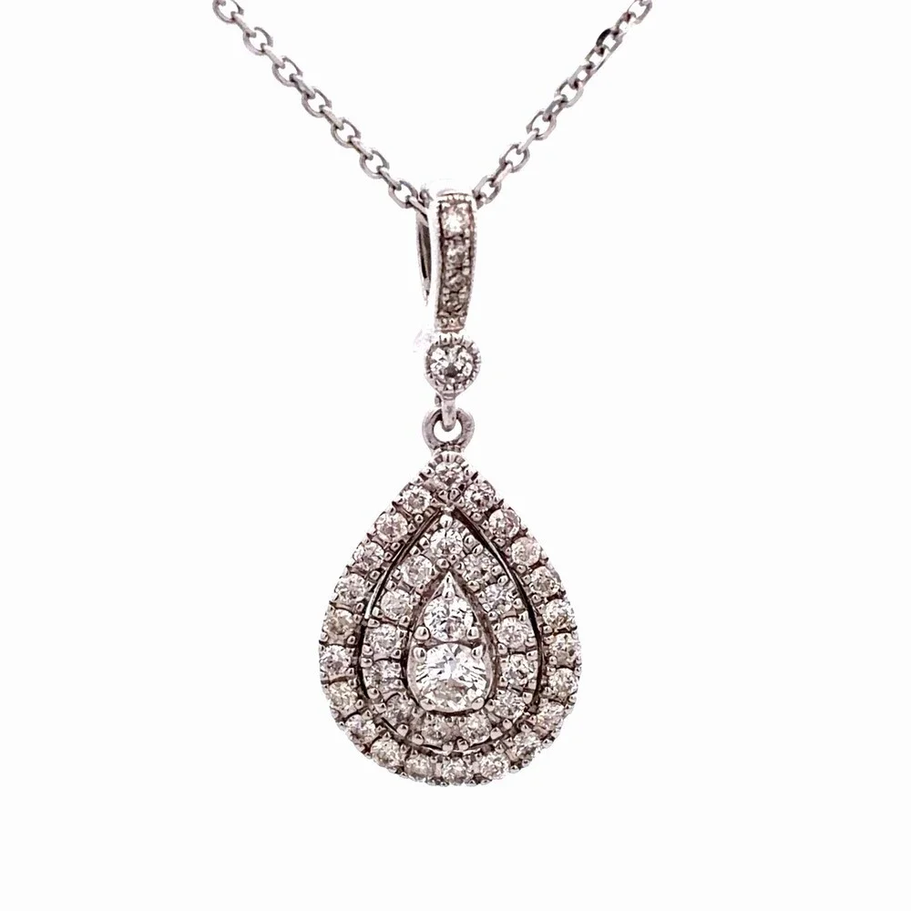 Neil Lane 14K White Gold Diamond Triple Layer Pear Halo Dangle Pendant Necklace